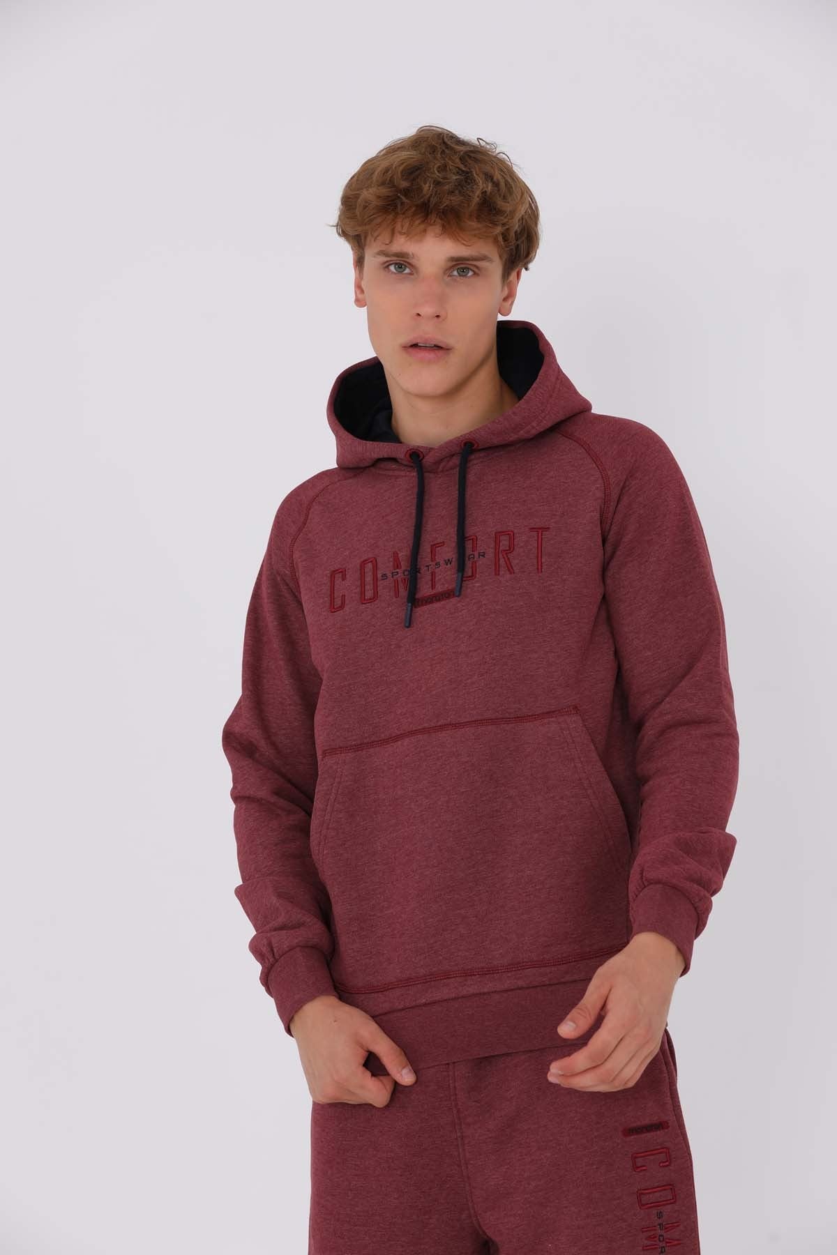 Regular Erkek Kapüşonlu Bordo Sweatshirt