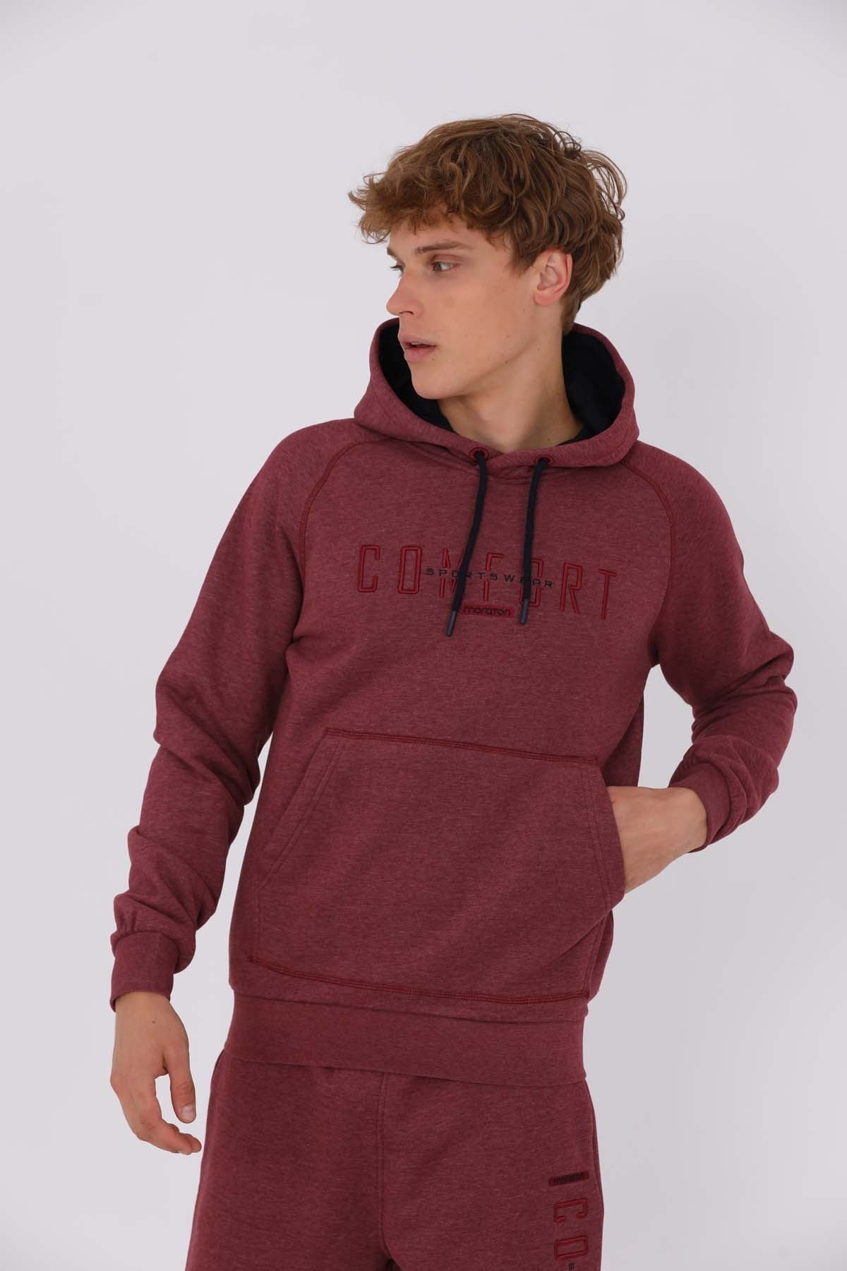 Regular Erkek Kapüşonlu Bordo Sweatshirt