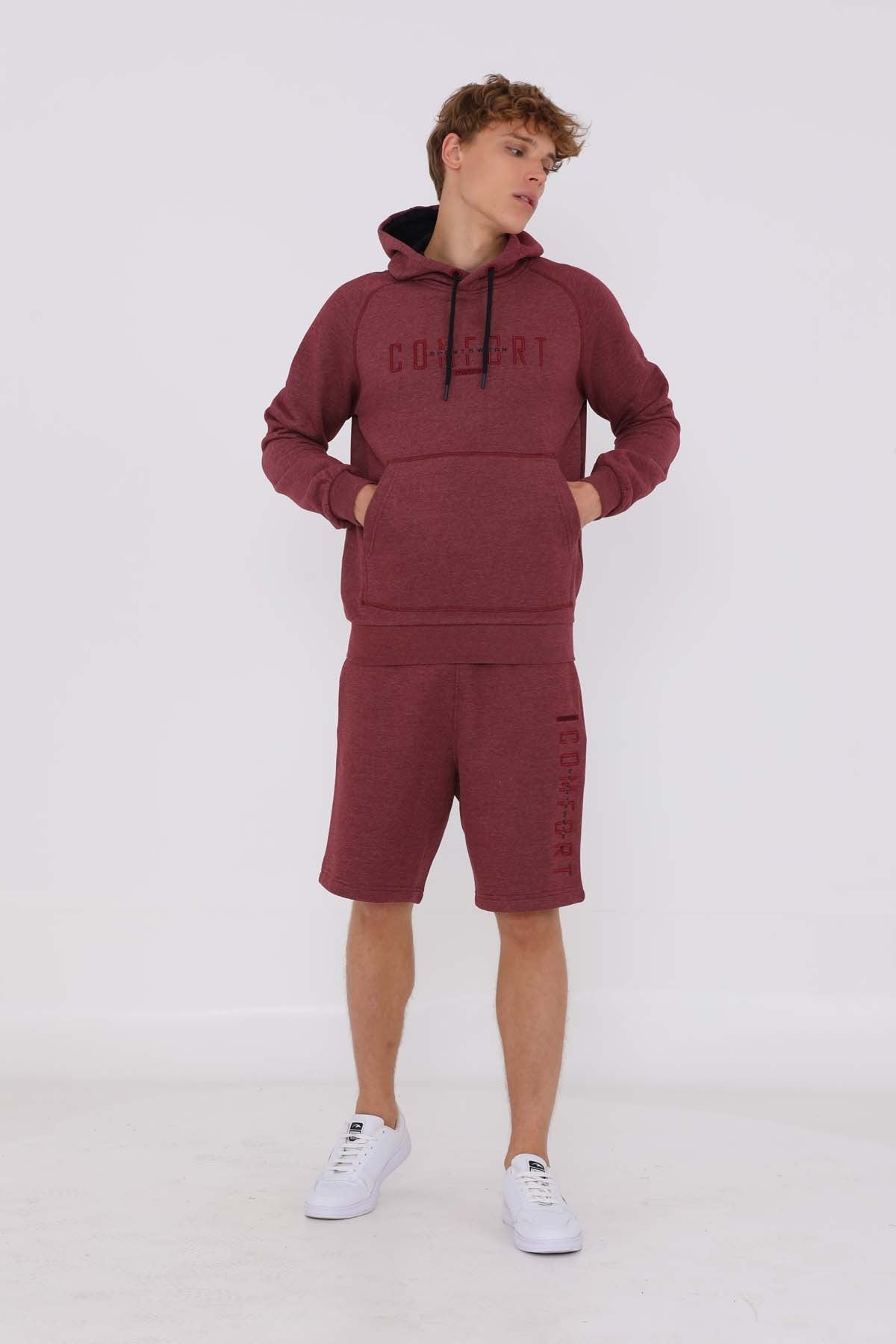 Regular Erkek Kapüşonlu Bordo Sweatshirt