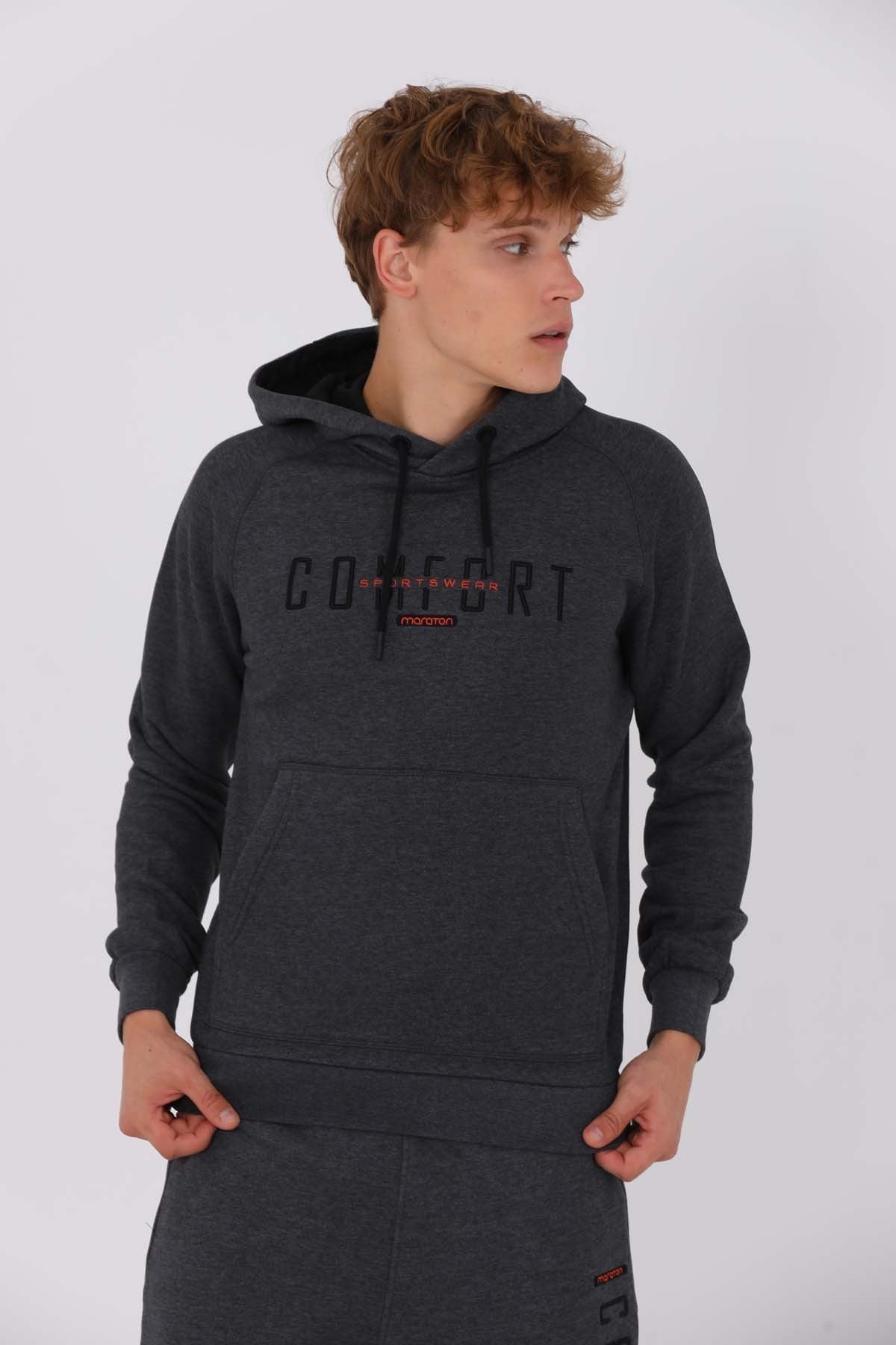 Regular Erkek Kapüşonlu Siyah Sweatshirt