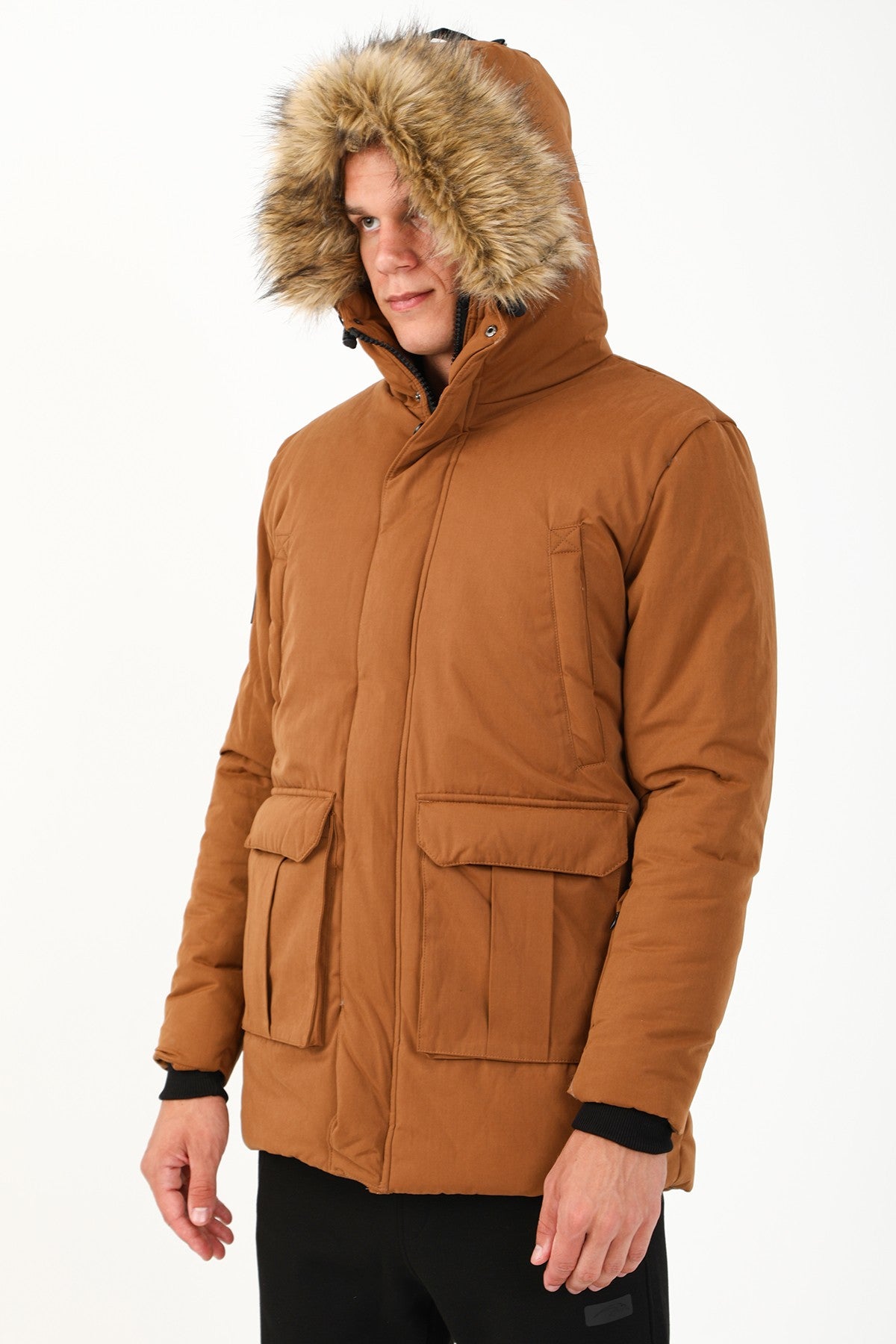 Regular Erkek Kapüşonlu Koyu Bej Parka