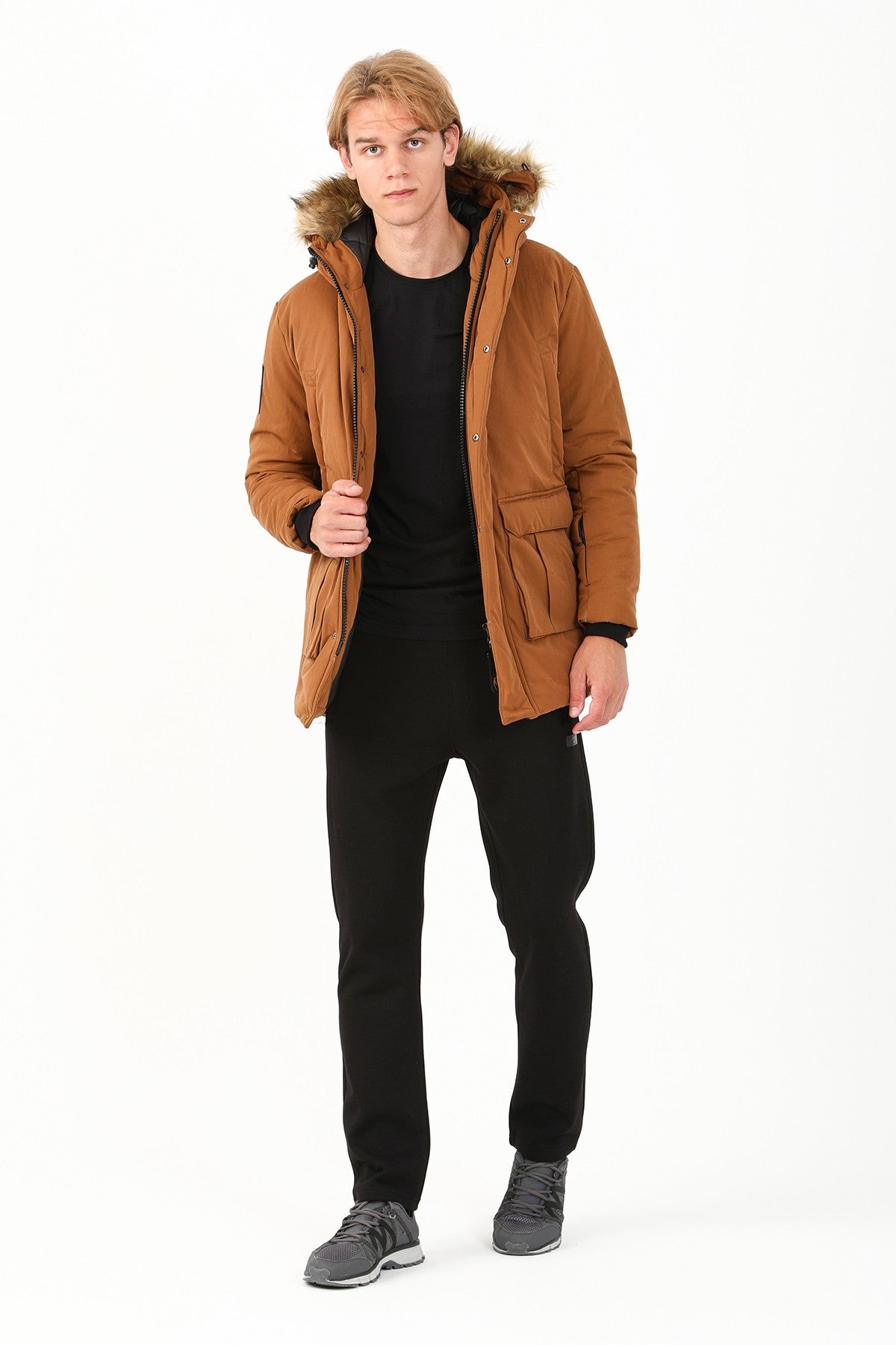 Regular Erkek Kapüşonlu Koyu Bej Parka