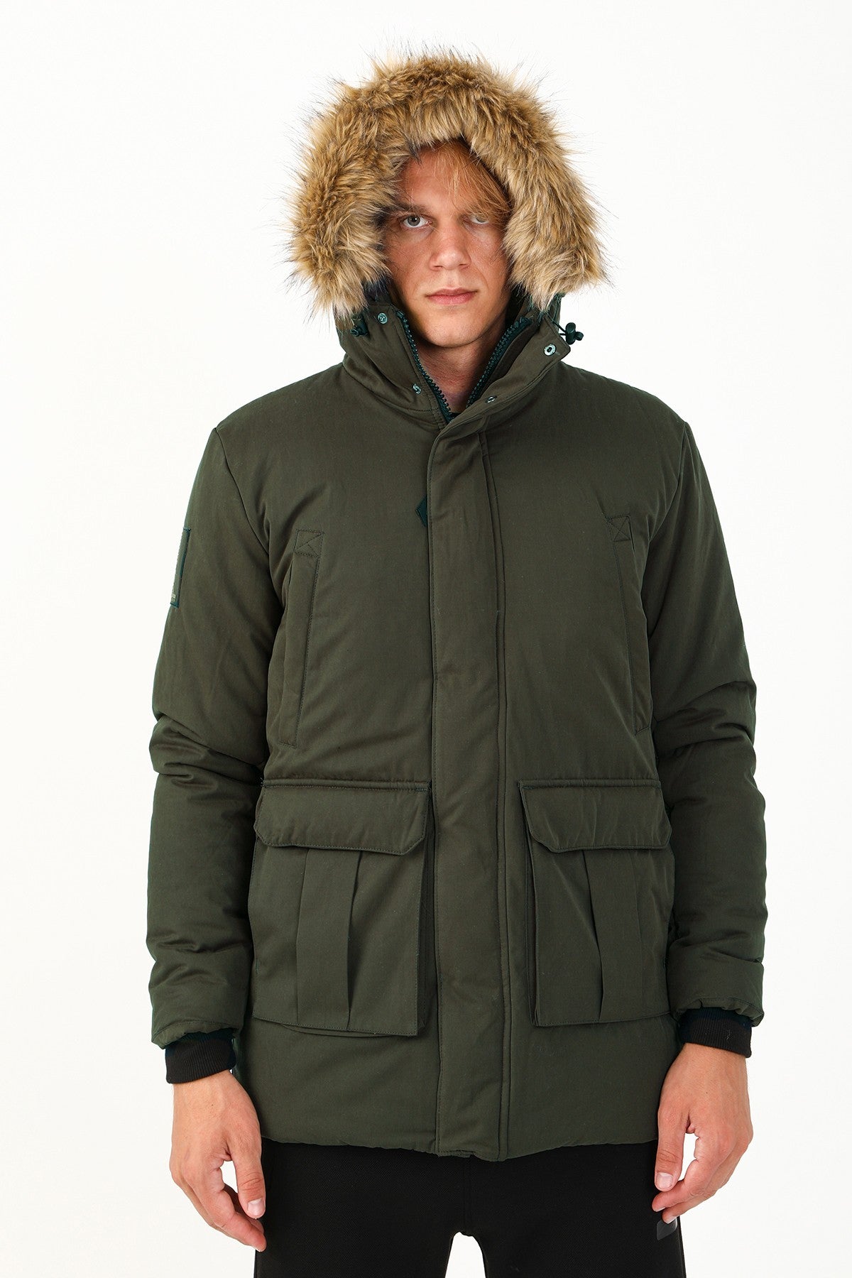 Regular Erkek Kapüşonlu Haki Parka