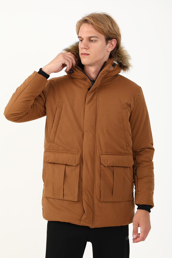 Regular Erkek Kapüşonlu Koyu Bej Parka