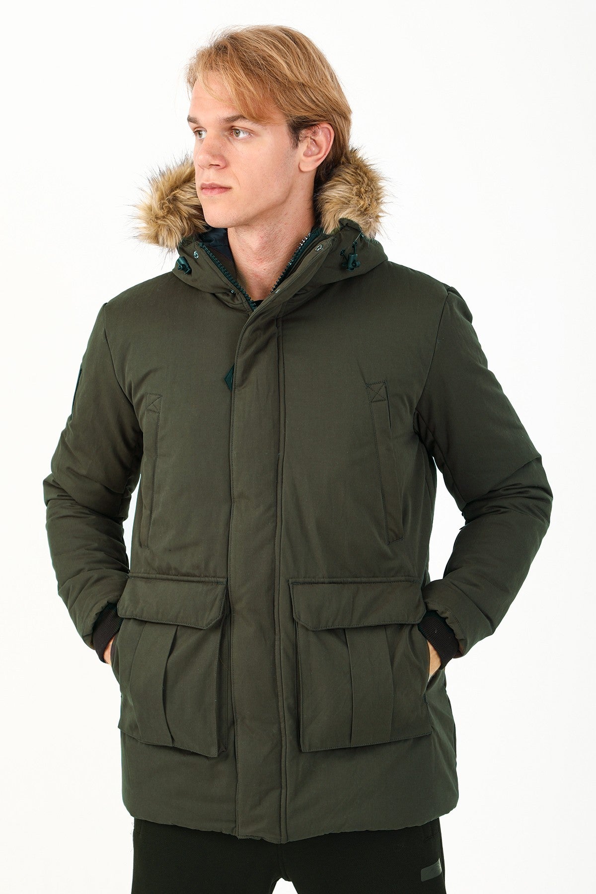 Regular Erkek Kapüşonlu Haki Parka