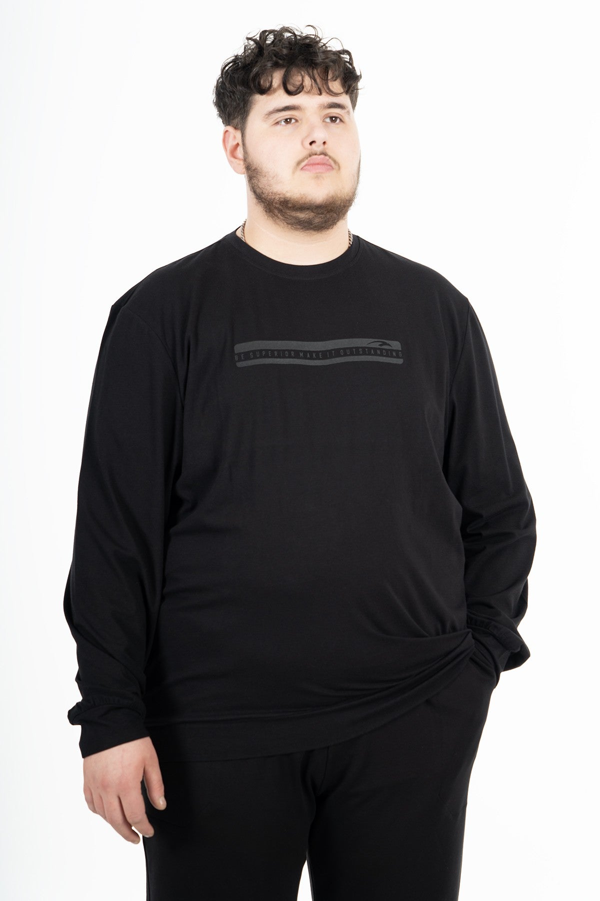 Büyük Beden Erkek Bisiklet Yaka Siyah Sweatshirt