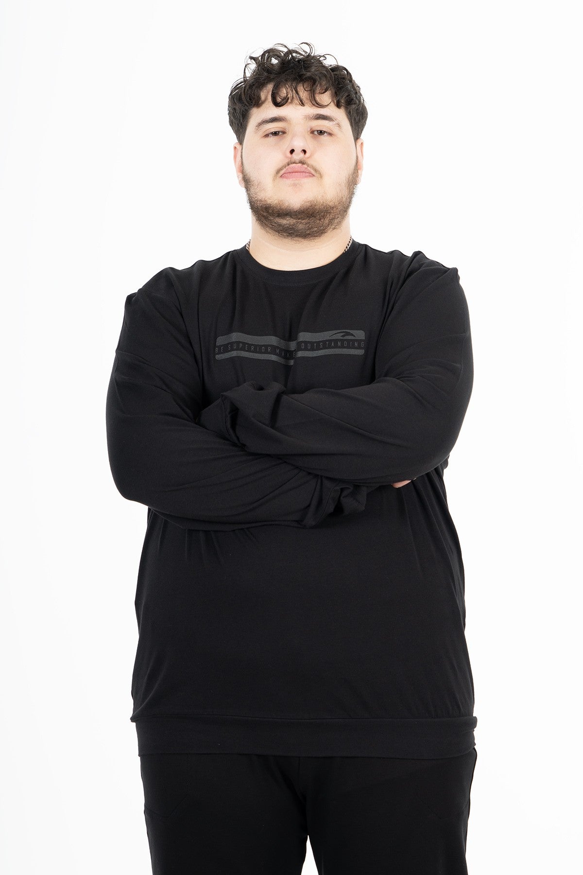 Büyük Beden Erkek Bisiklet Yaka Siyah Sweatshirt