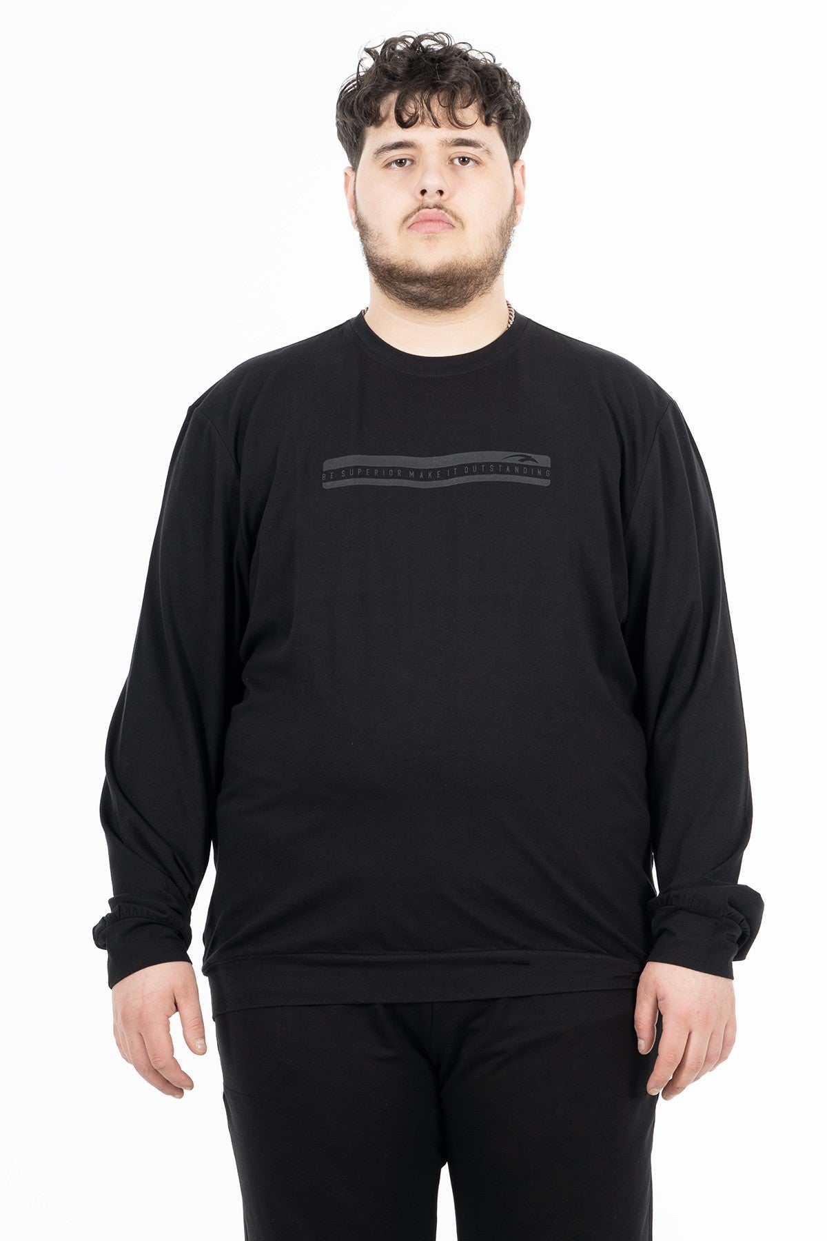 Büyük Beden Erkek Bisiklet Yaka Siyah Sweatshirt