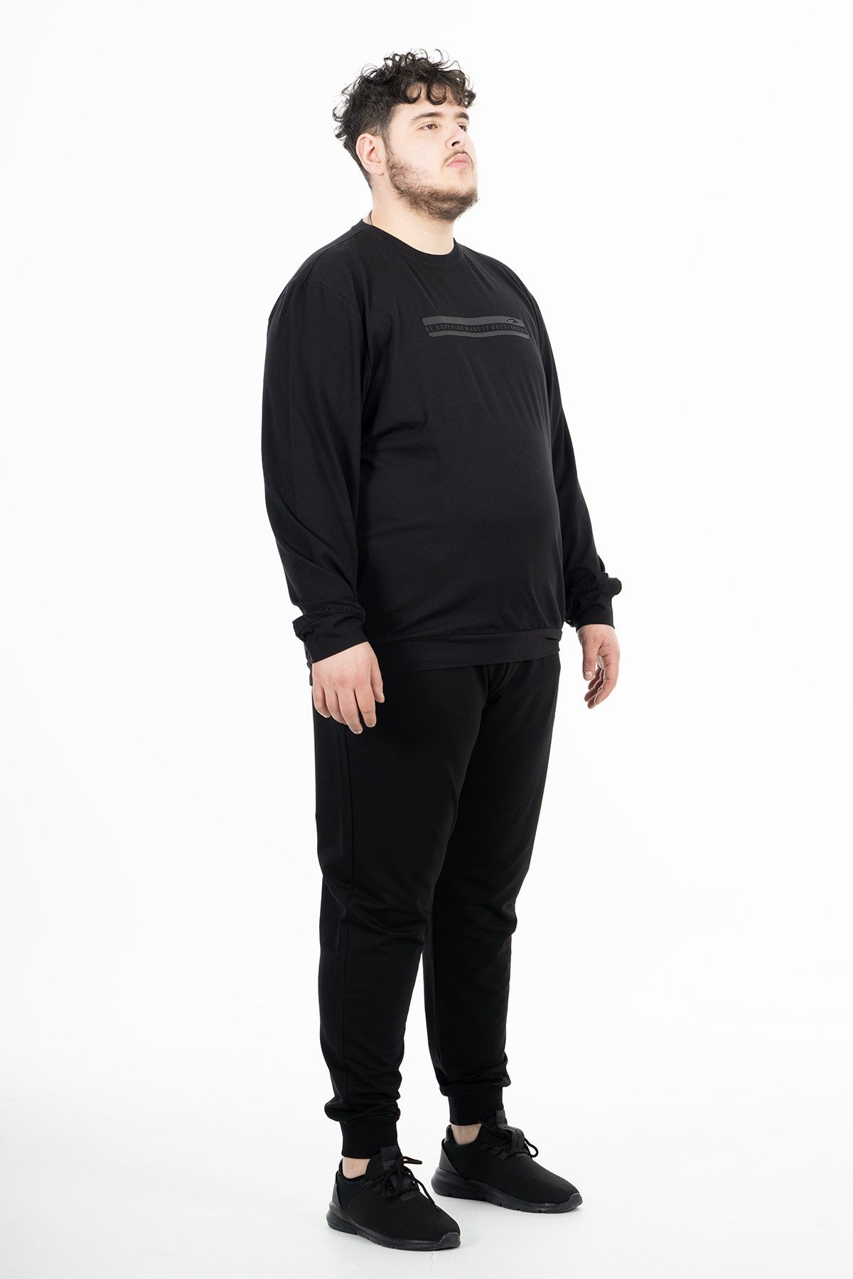 Büyük Beden Erkek Bisiklet Yaka Siyah Sweatshirt