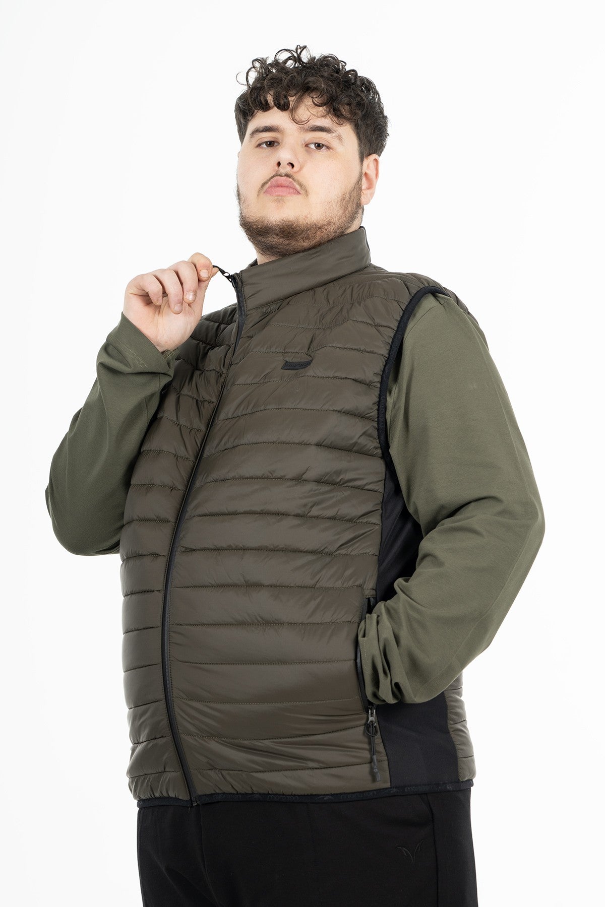 Büyük Beden Erkek Dik Yaka Haki Yelek