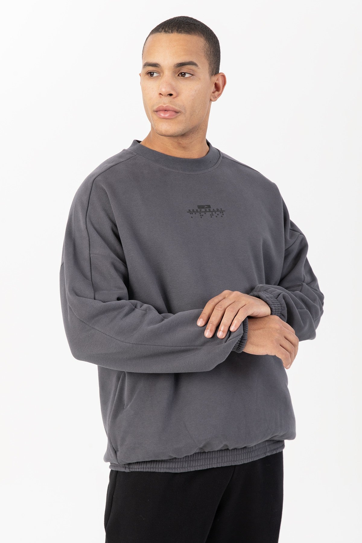 Oversize Erkek Bisiklet Yaka Antrasit Sweatshirt