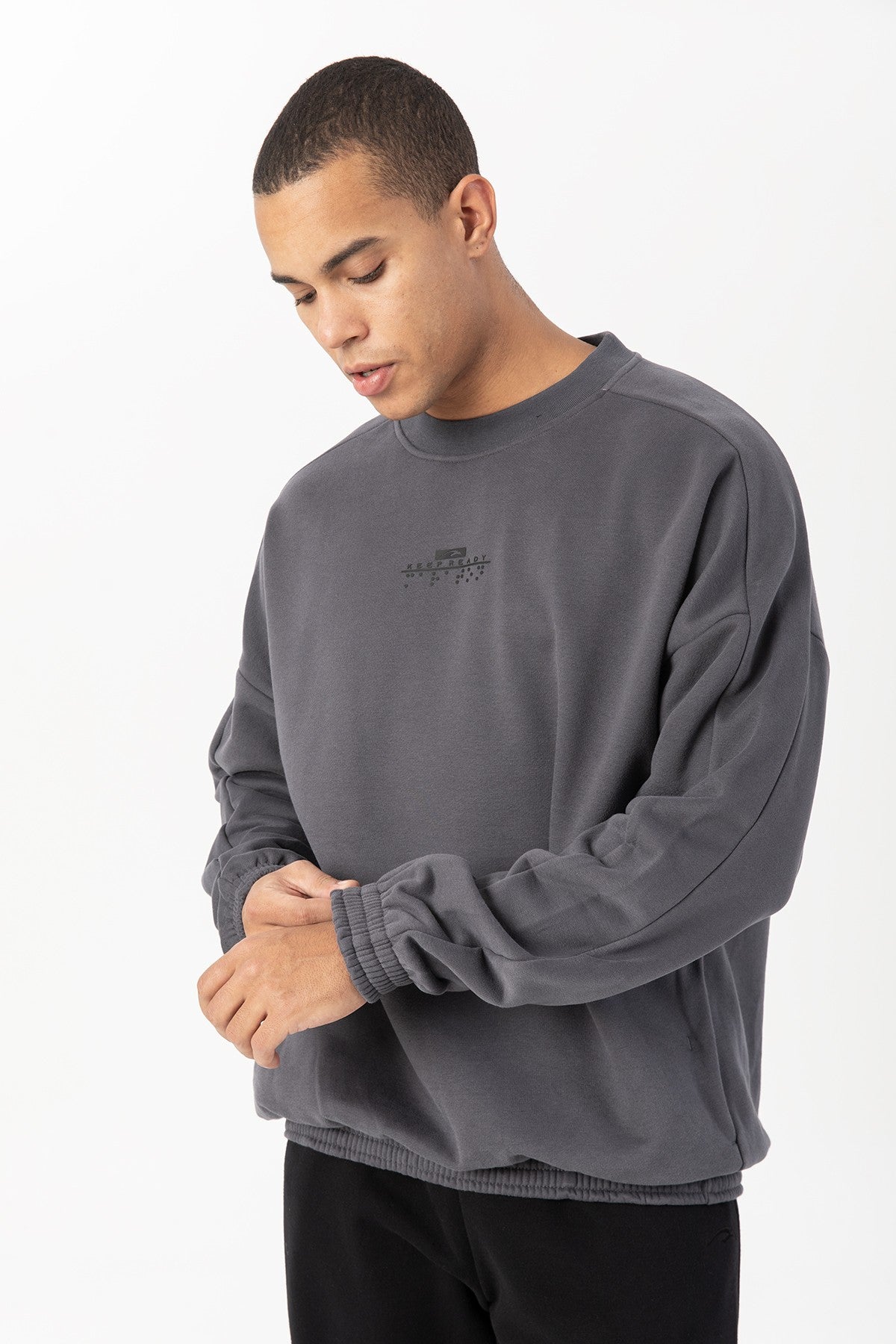 Oversize Erkek Bisiklet Yaka Antrasit Sweatshirt