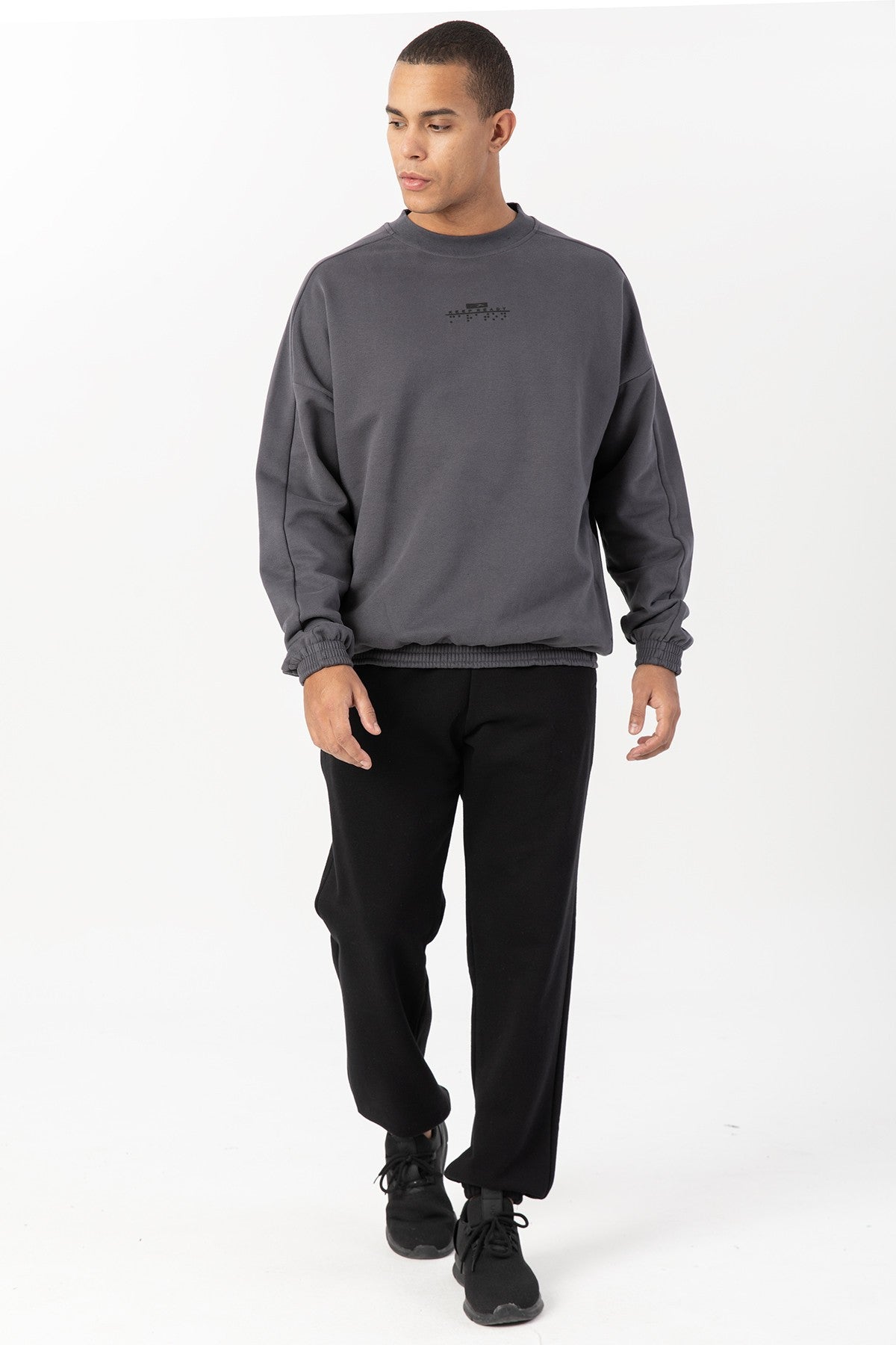 Oversize Erkek Bisiklet Yaka Antrasit Sweatshirt