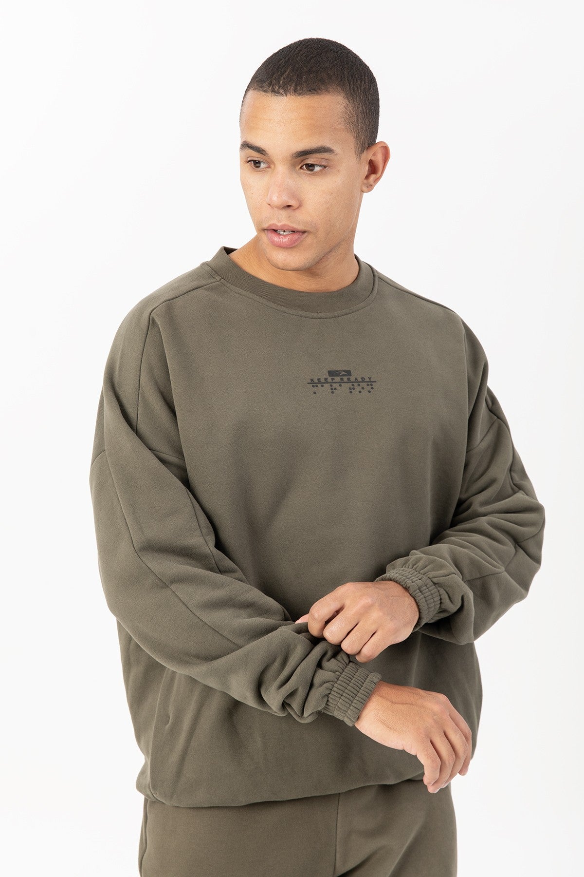 Oversize Erkek Bisiklet Yaka Haki Sweatshirt