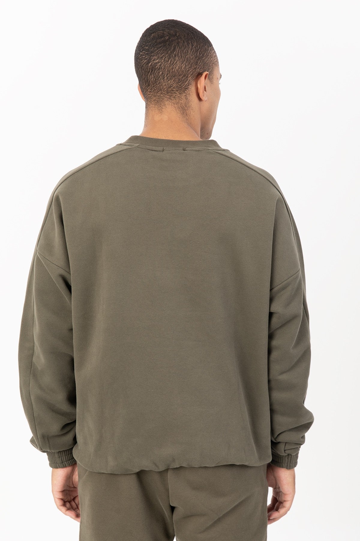 Oversize Erkek Bisiklet Yaka Haki Sweatshirt
