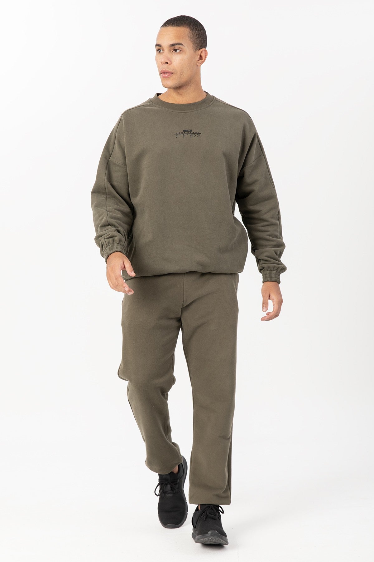 Oversize Erkek Bisiklet Yaka Haki Sweatshirt