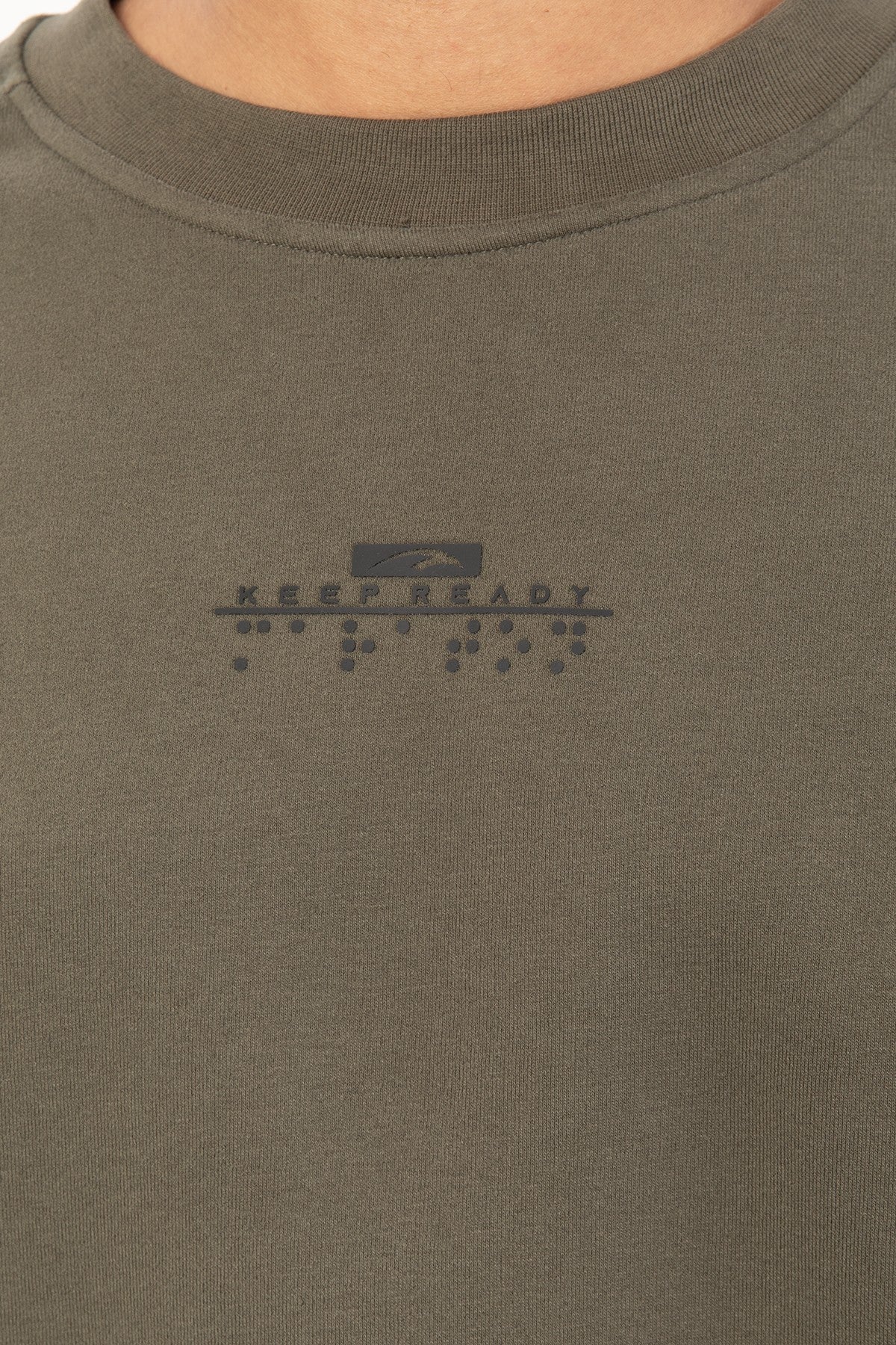 Oversize Erkek Bisiklet Yaka Haki Sweatshirt