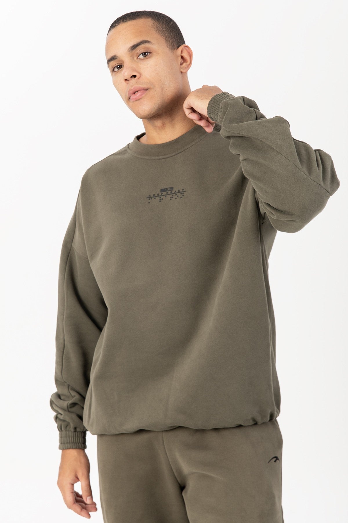 Oversize Erkek Bisiklet Yaka Haki Sweatshirt
