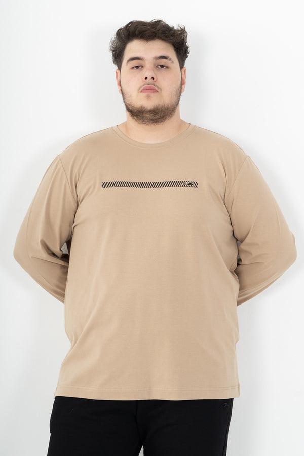 Büyük Beden Erkek Bisiklet Yaka Bej Sweatshirt