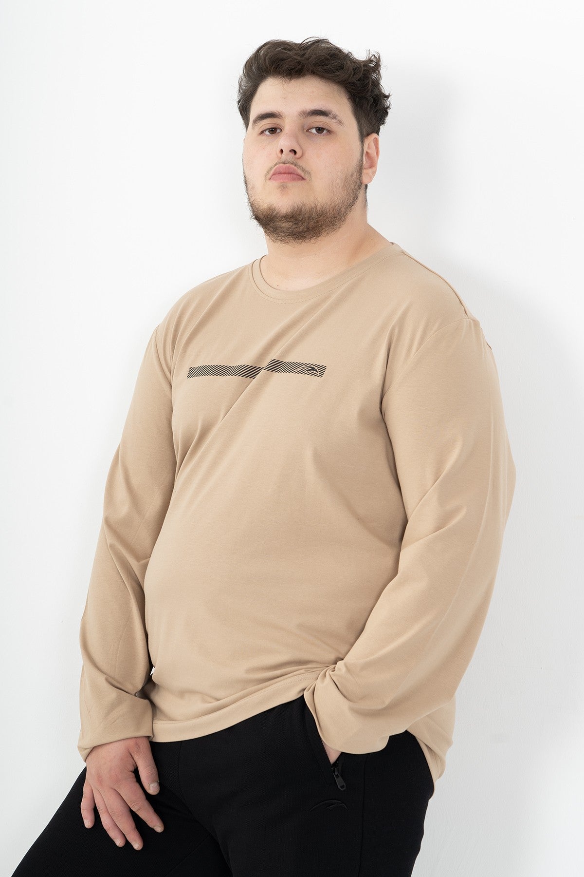 Büyük Beden Erkek Bisiklet Yaka Bej Sweatshirt