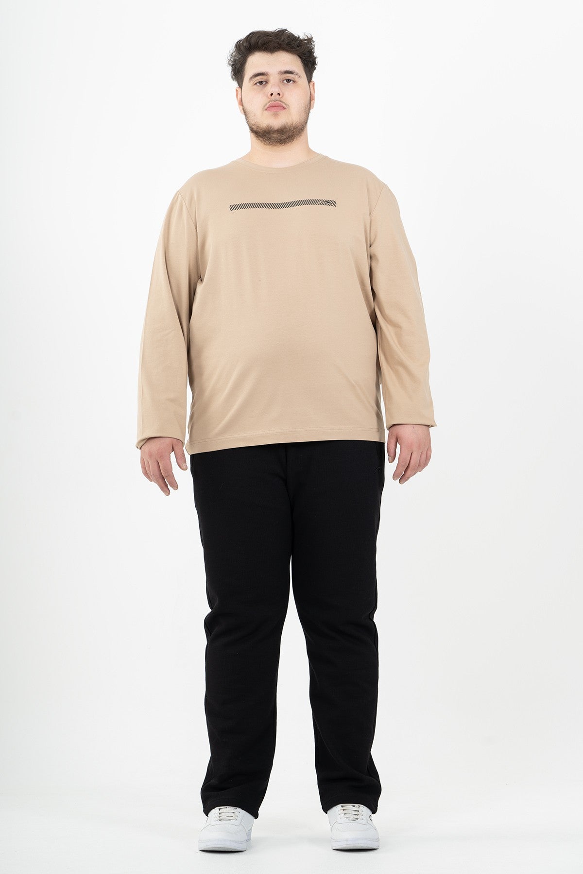 Büyük Beden Erkek Bisiklet Yaka Bej Sweatshirt