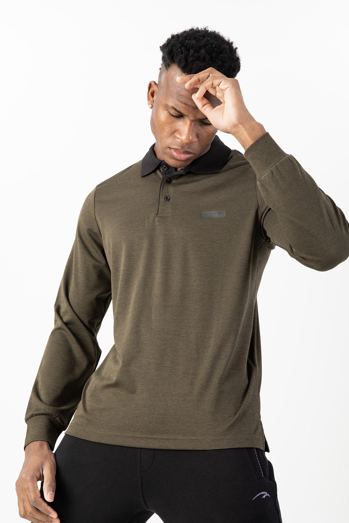 Regular Erkek Polo Yaka Haki Sweatshirt