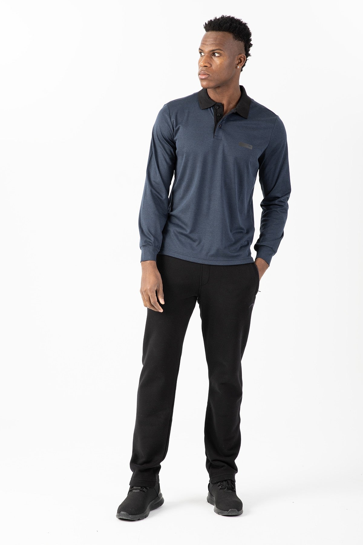 Regular Erkek Polo Yaka Siyah Sweatshirt