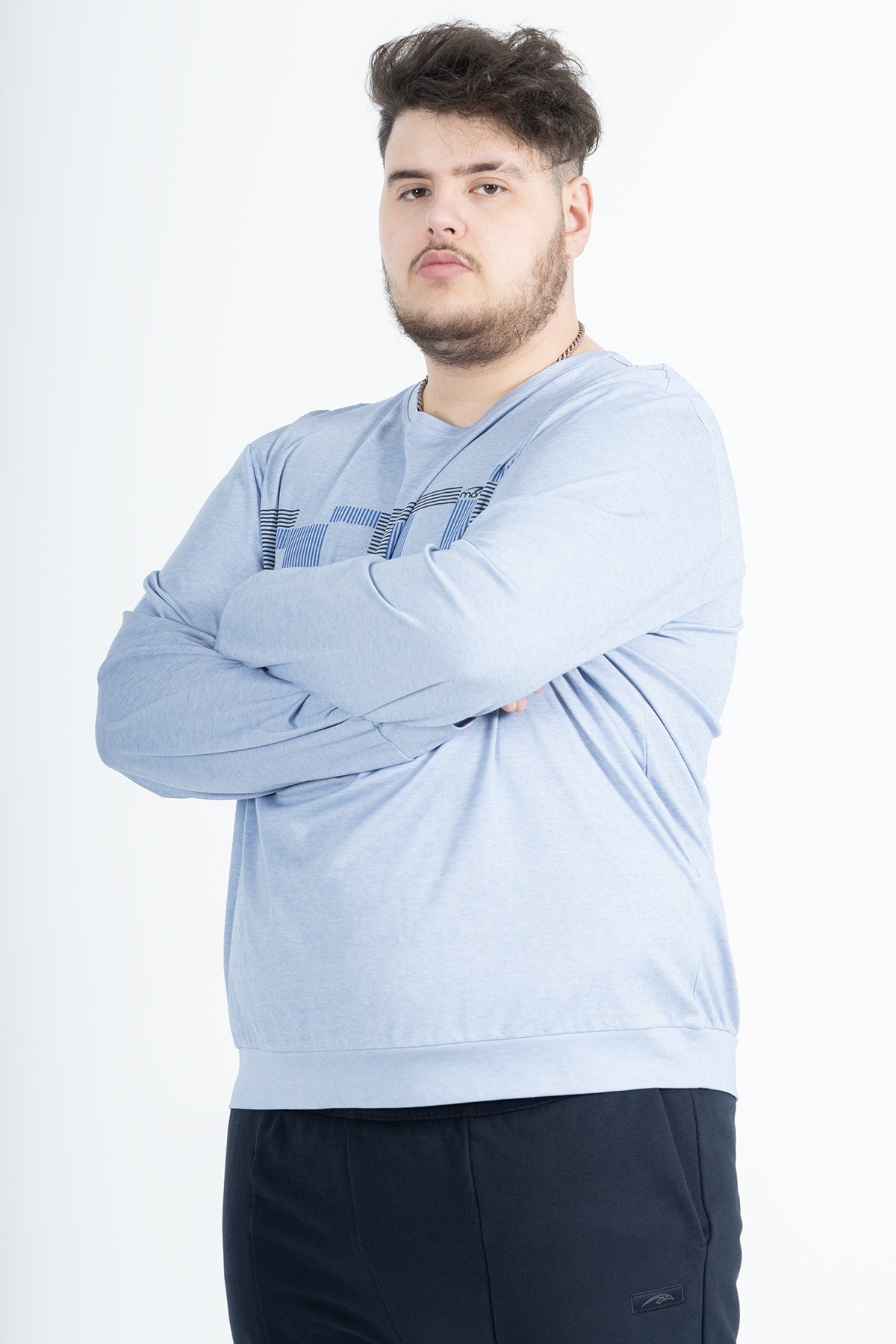 Büyük Beden Erkek Bisiklet Yaka Mavi Sweatshirt