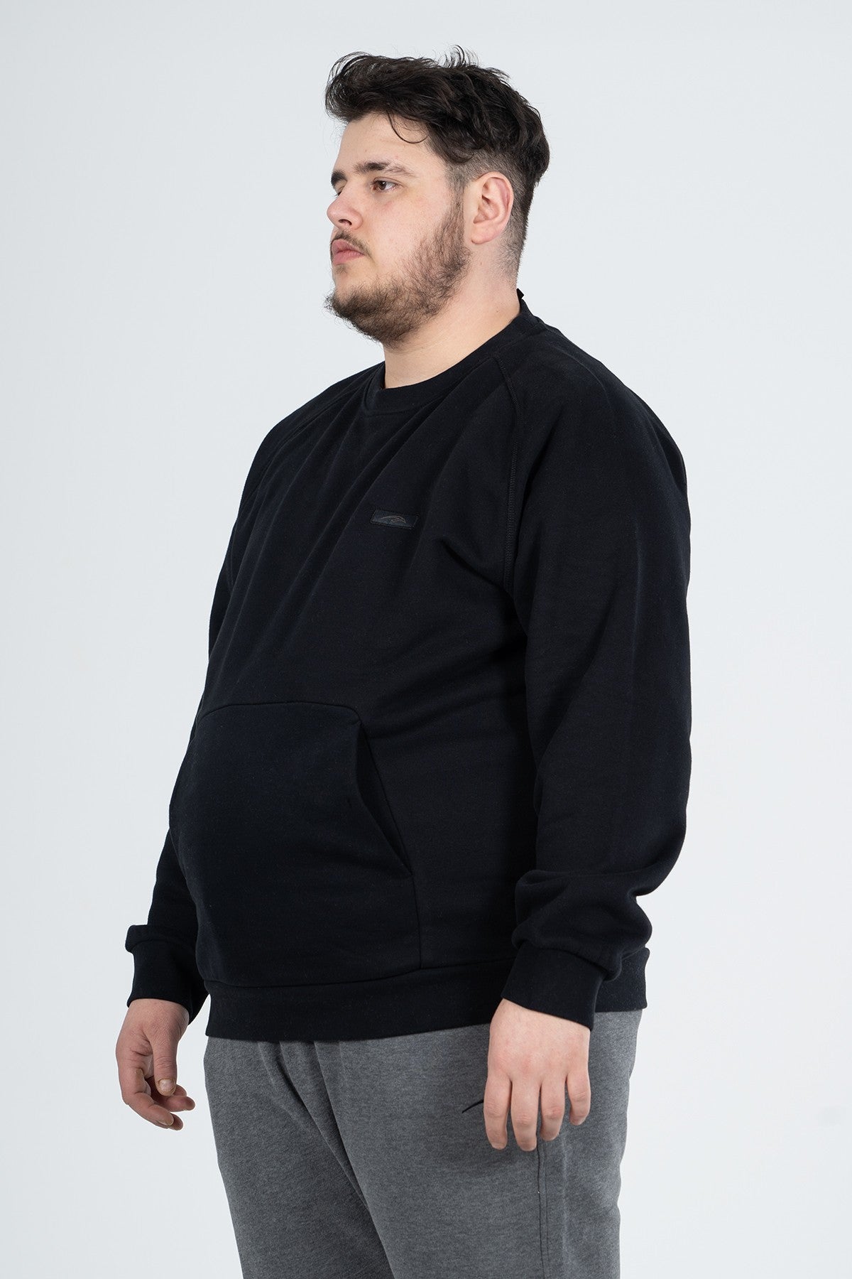 Büyük Beden Erkek Bisiklet Yaka Siyah Sweatshirt