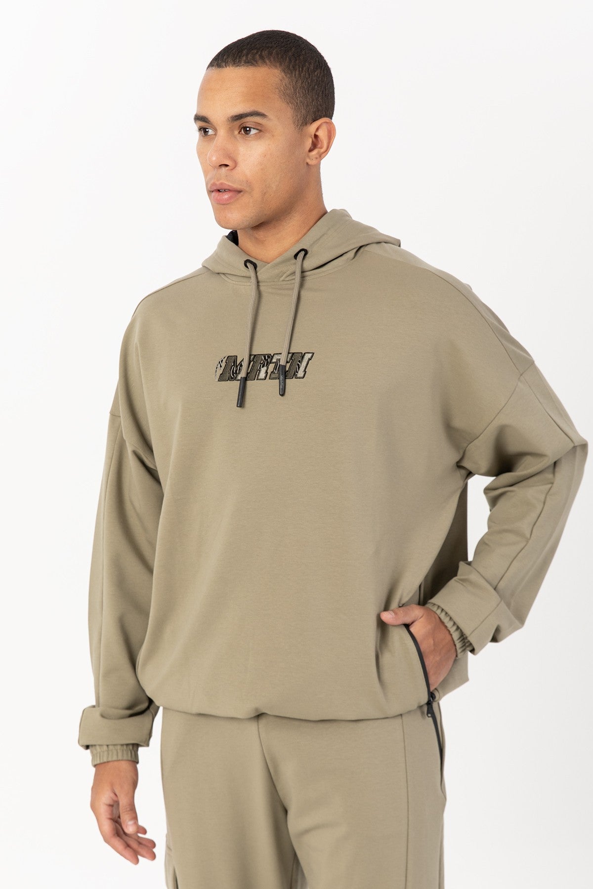 Oversize Erkek Kapüşonlu Haki Sweatshirt