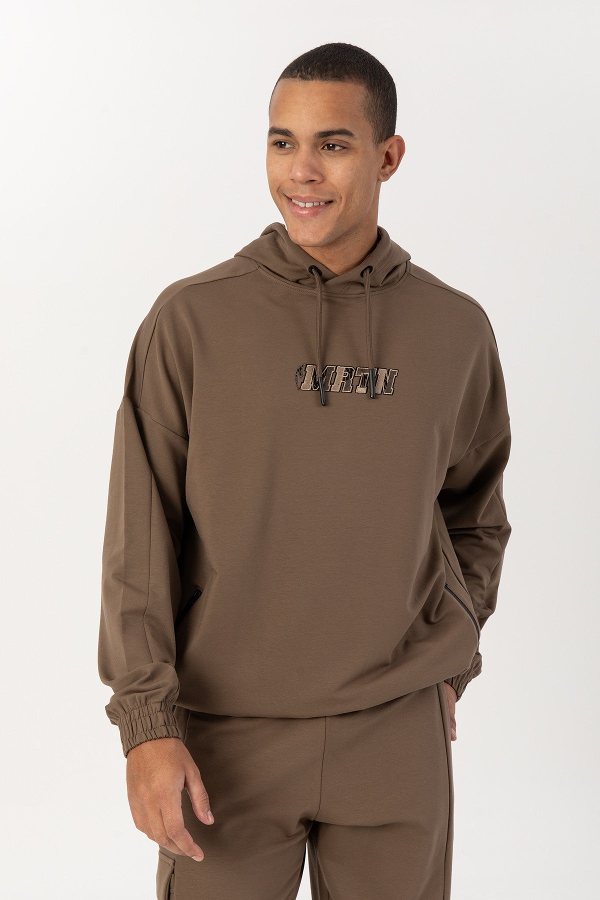 Oversize Erkek Kapüşonlu Kahverengi Sweatshirt