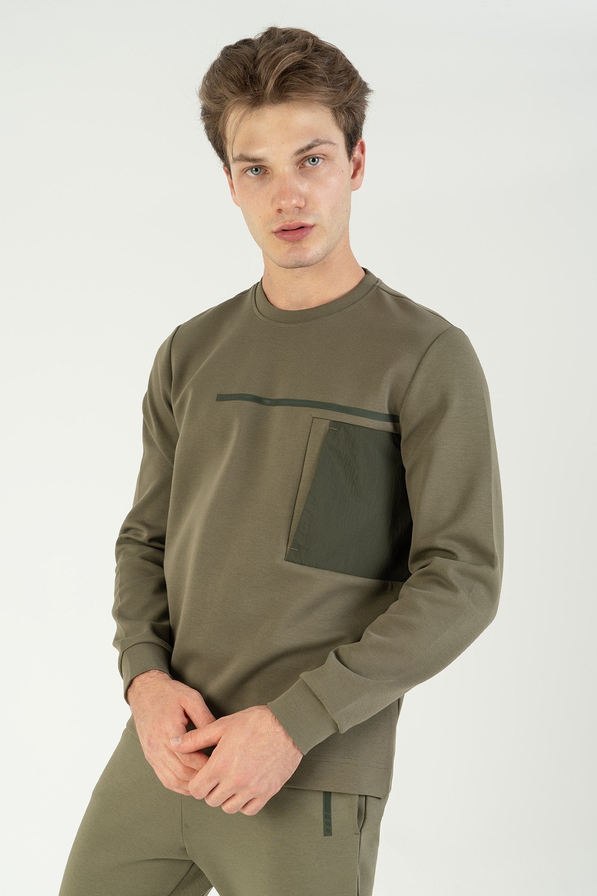 Regular Erkek Bisiklet Yaka Haki Sweatshirt
