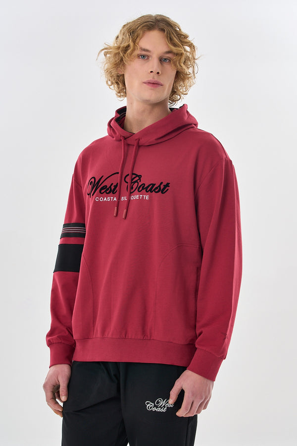 Relax-Fit Erkek Kapüşonlu Bordo Sweatshirt
