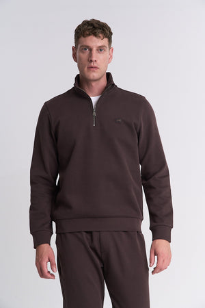 Erkek Dik Yaka Kahverengi Sweatshirt