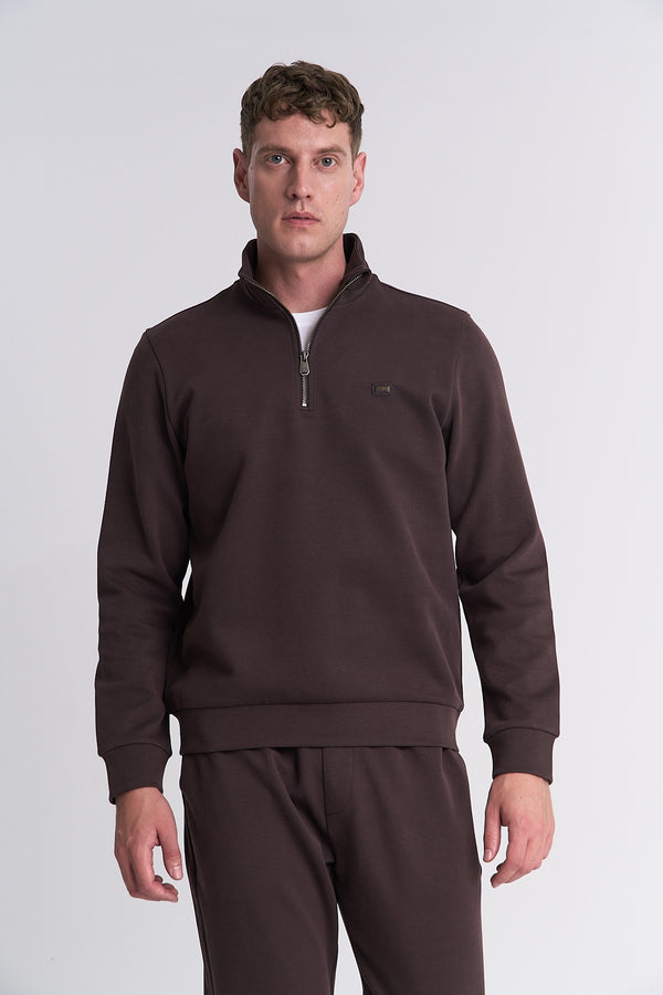 Erkek Dik Yaka Kahverengi Sweatshirt