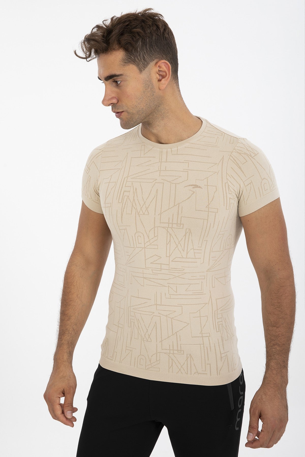 SlimFit Erkek Bisiklet Yaka Bej T-shirt
