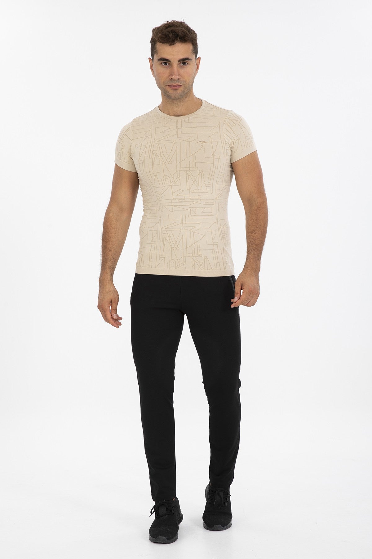 SlimFit Erkek Bisiklet Yaka Bej T-shirt