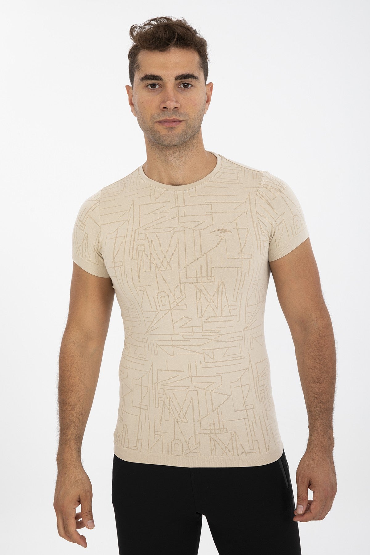 SlimFit Erkek Bisiklet Yaka Bej T-shirt