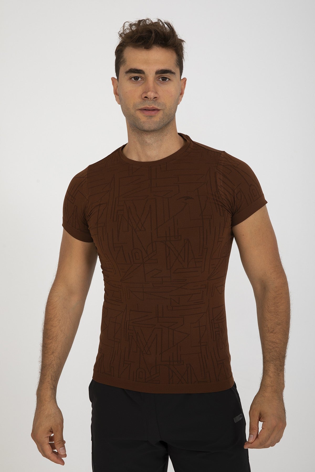 SlimFit Erkek Bisiklet Yaka Kahverengi T-shirt