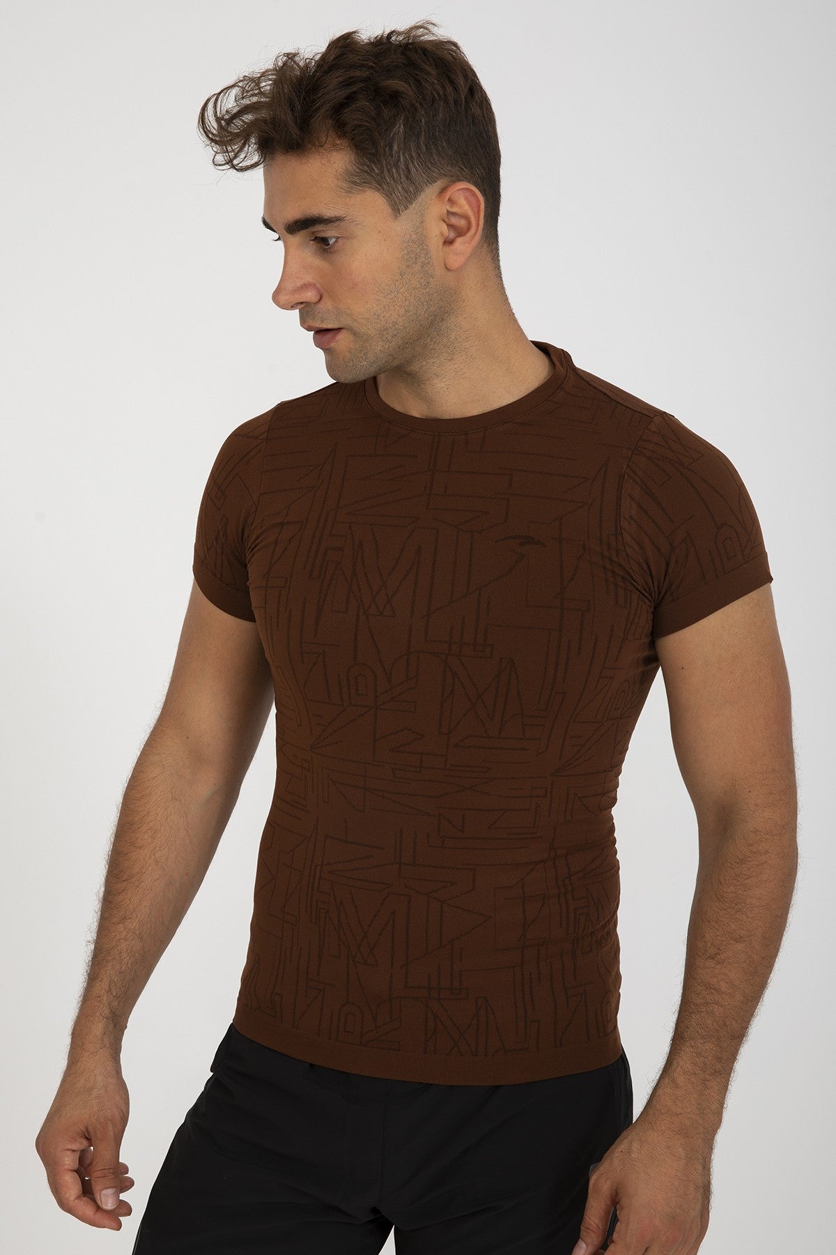 SlimFit Erkek Bisiklet Yaka Kahverengi T-shirt