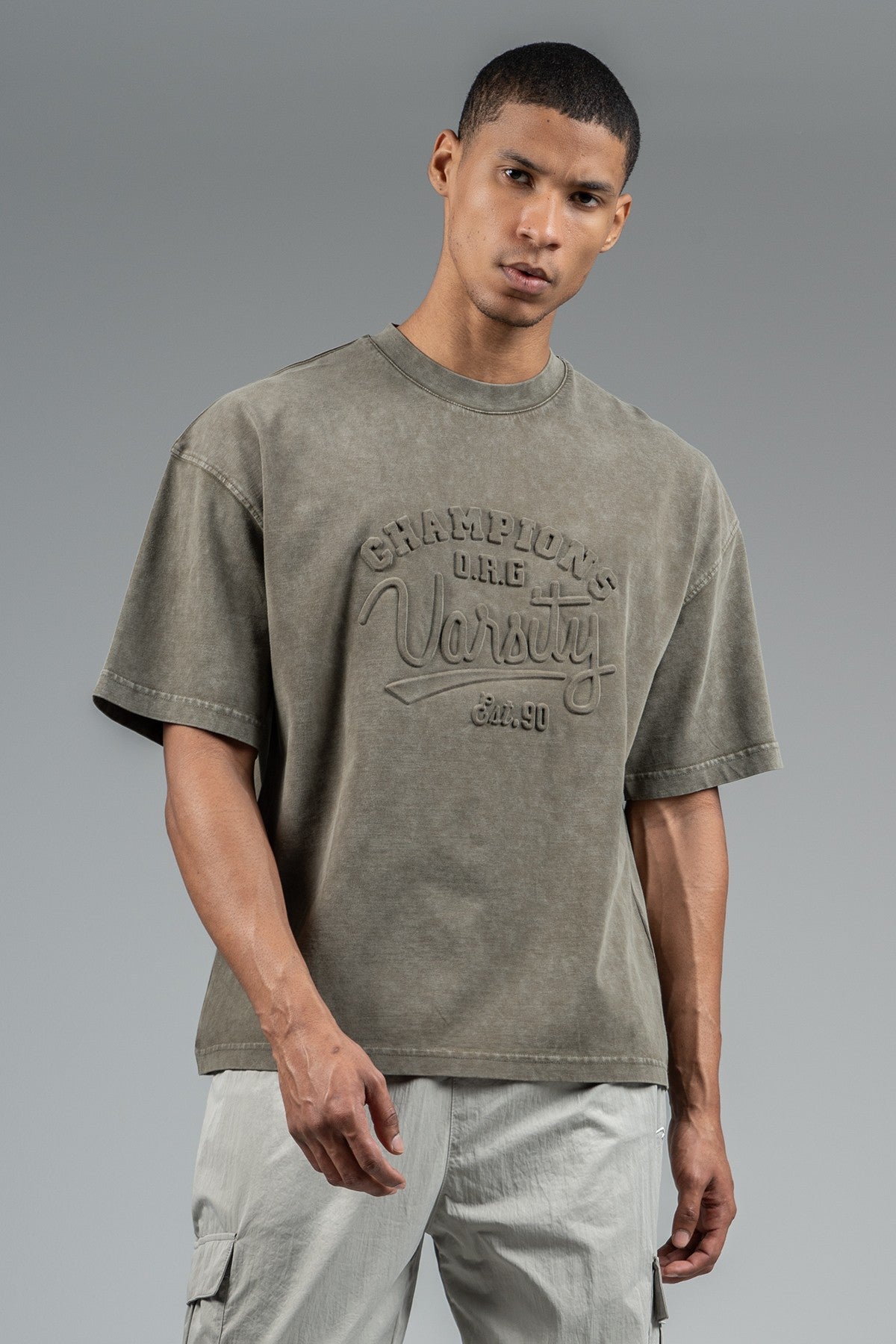 Oversize Erkek Bisiklet Yaka Haki T-shirt