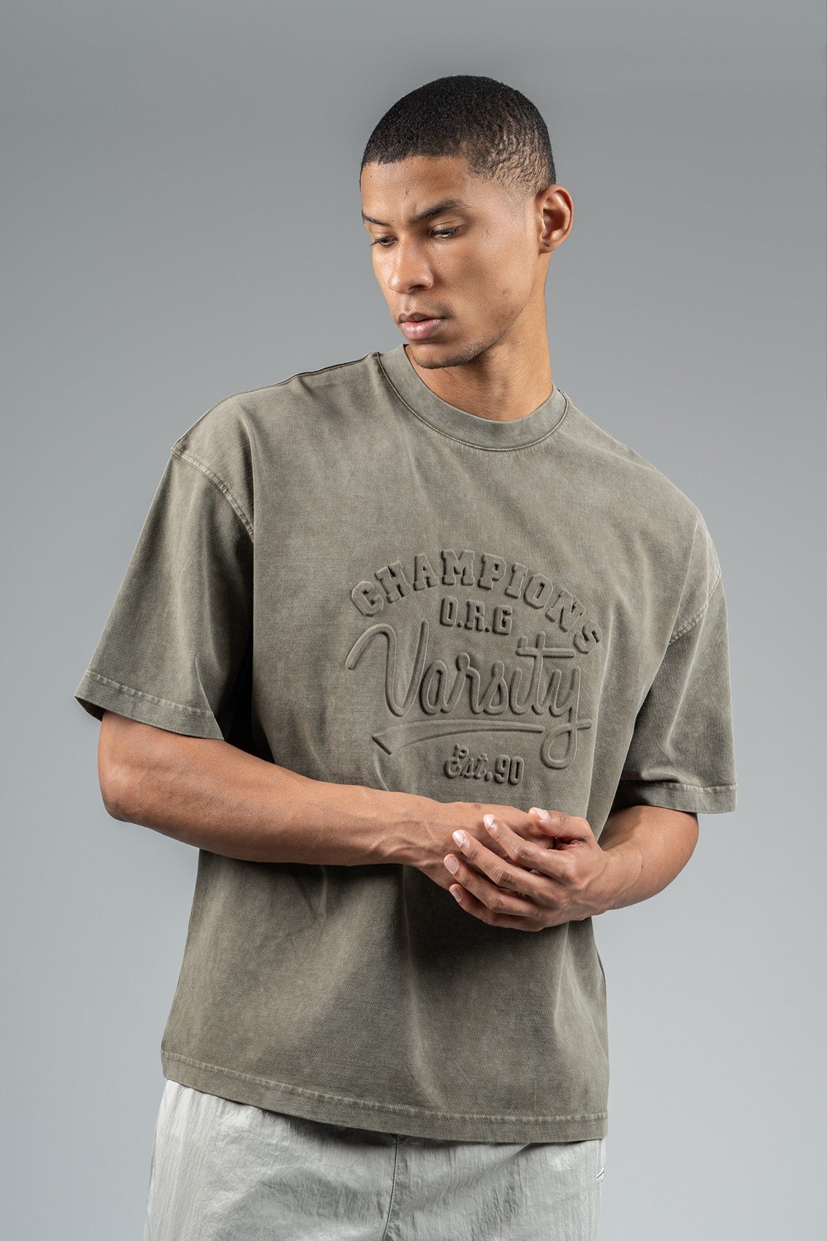 Oversize Erkek Bisiklet Yaka Haki T-shirt