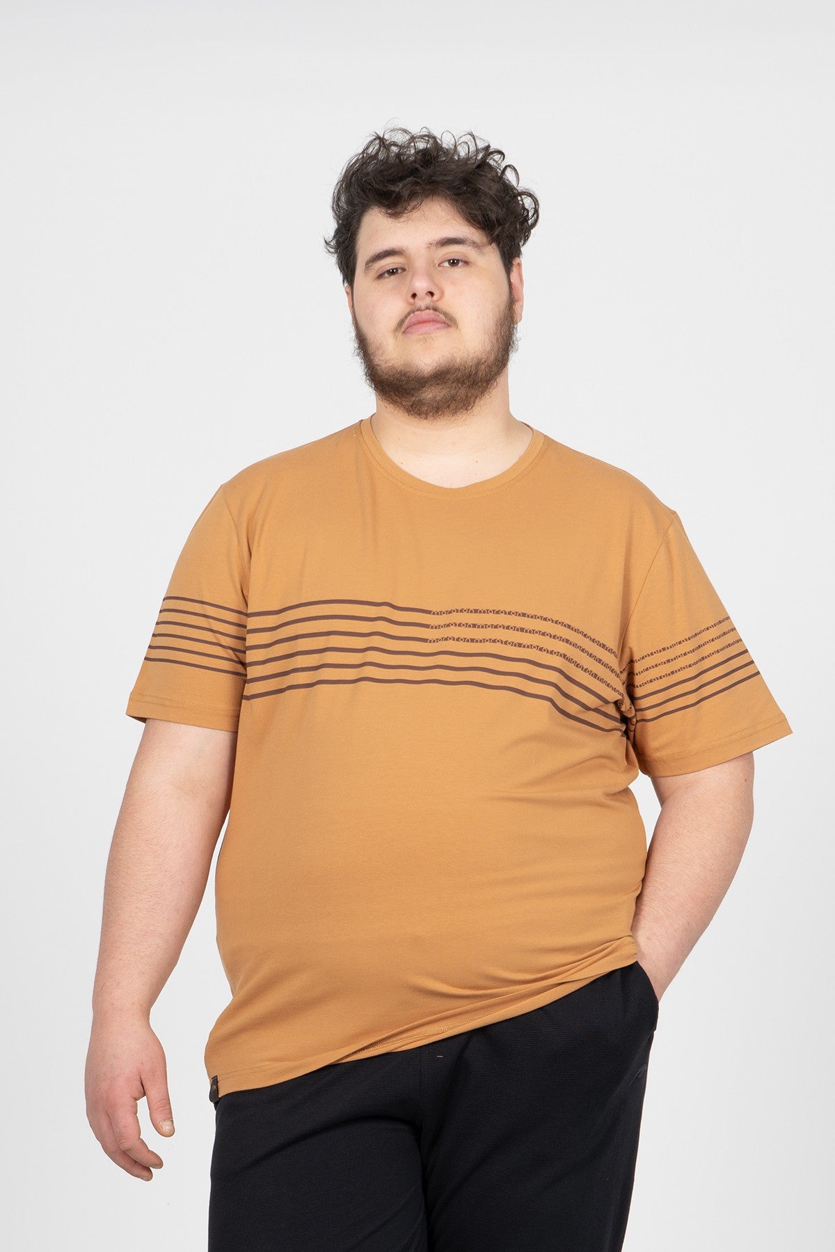 Büyük Beden Erkek Bisiklet Yaka Karamel T-shirt