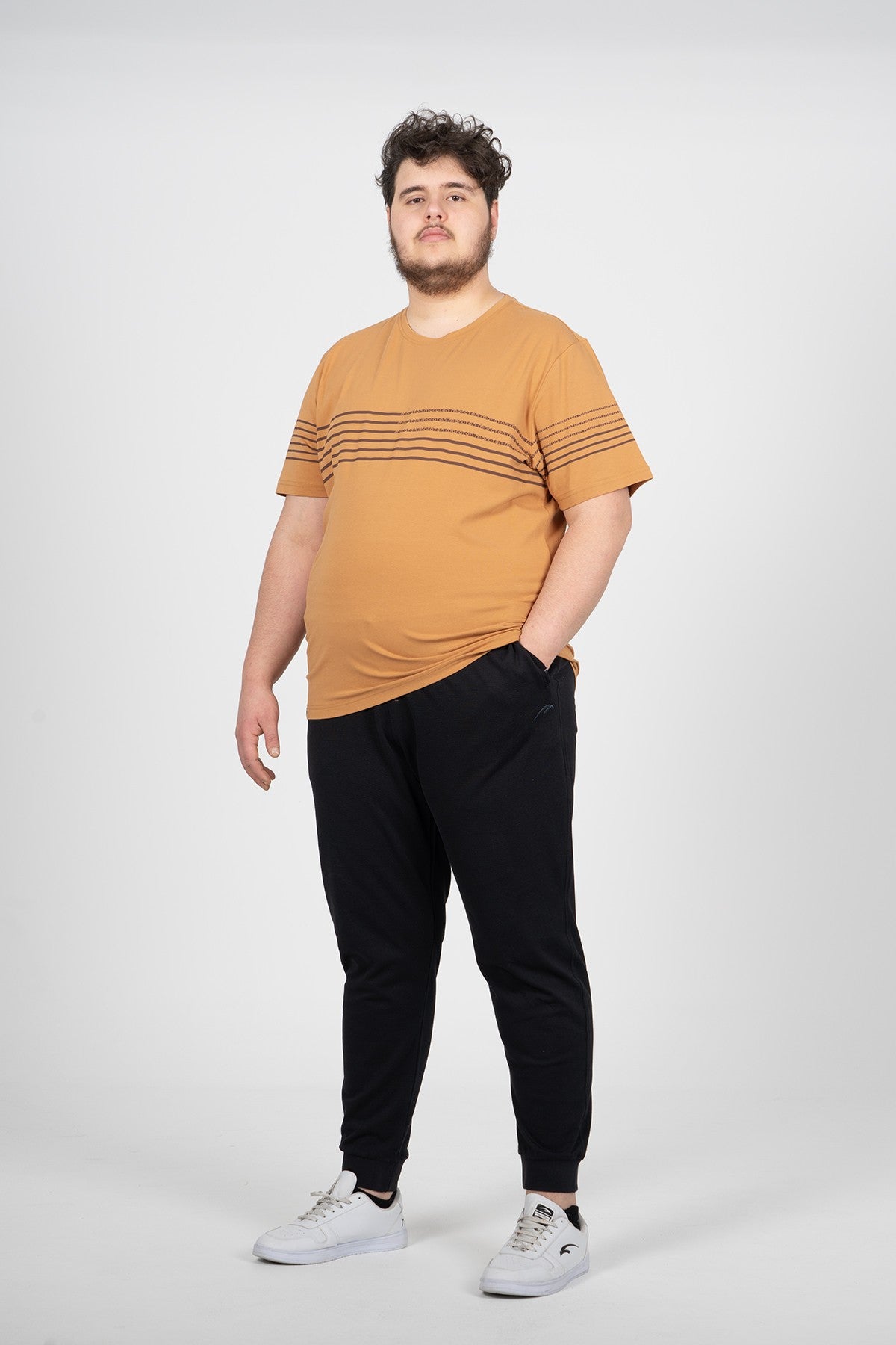 Büyük Beden Erkek Bisiklet Yaka Karamel T-shirt
