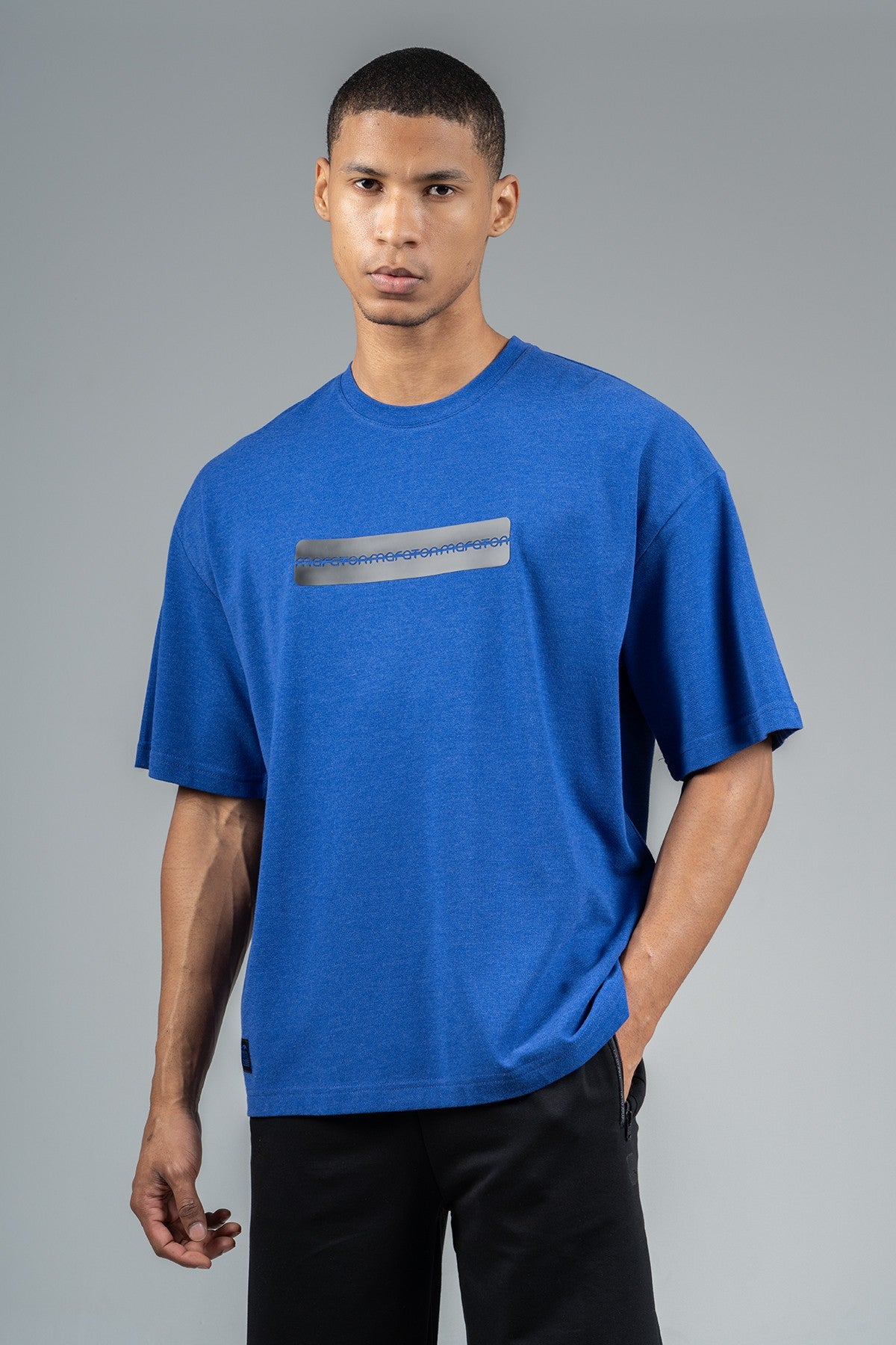 Oversize Erkek Bisiklet Yaka Saks Mavi T-shirt