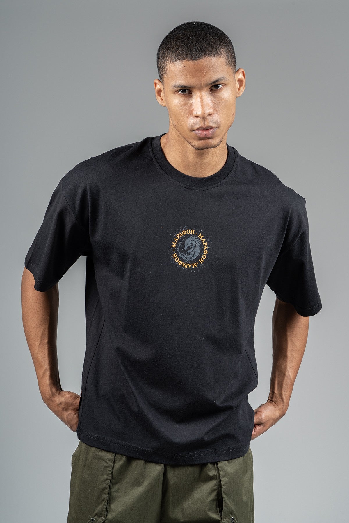 Oversize Erkek Bisiklet Yaka Siyah T-shirt