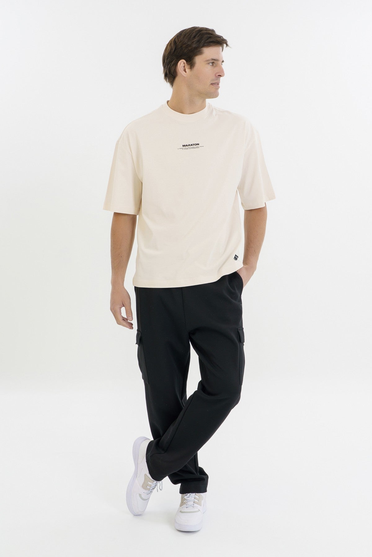 Oversize Erkek Bisiklet Yaka Ekru T-shirt