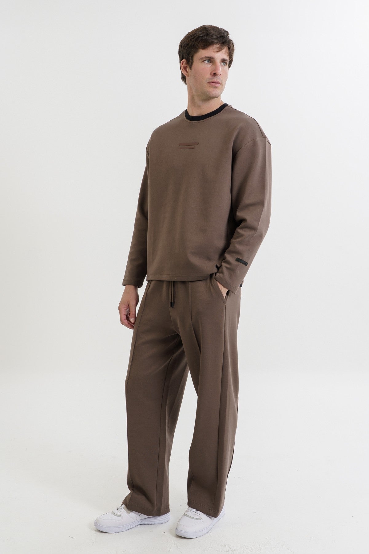 Relax-Fit Erkek Bisiklet Yaka Kahverengi Sweatshirt