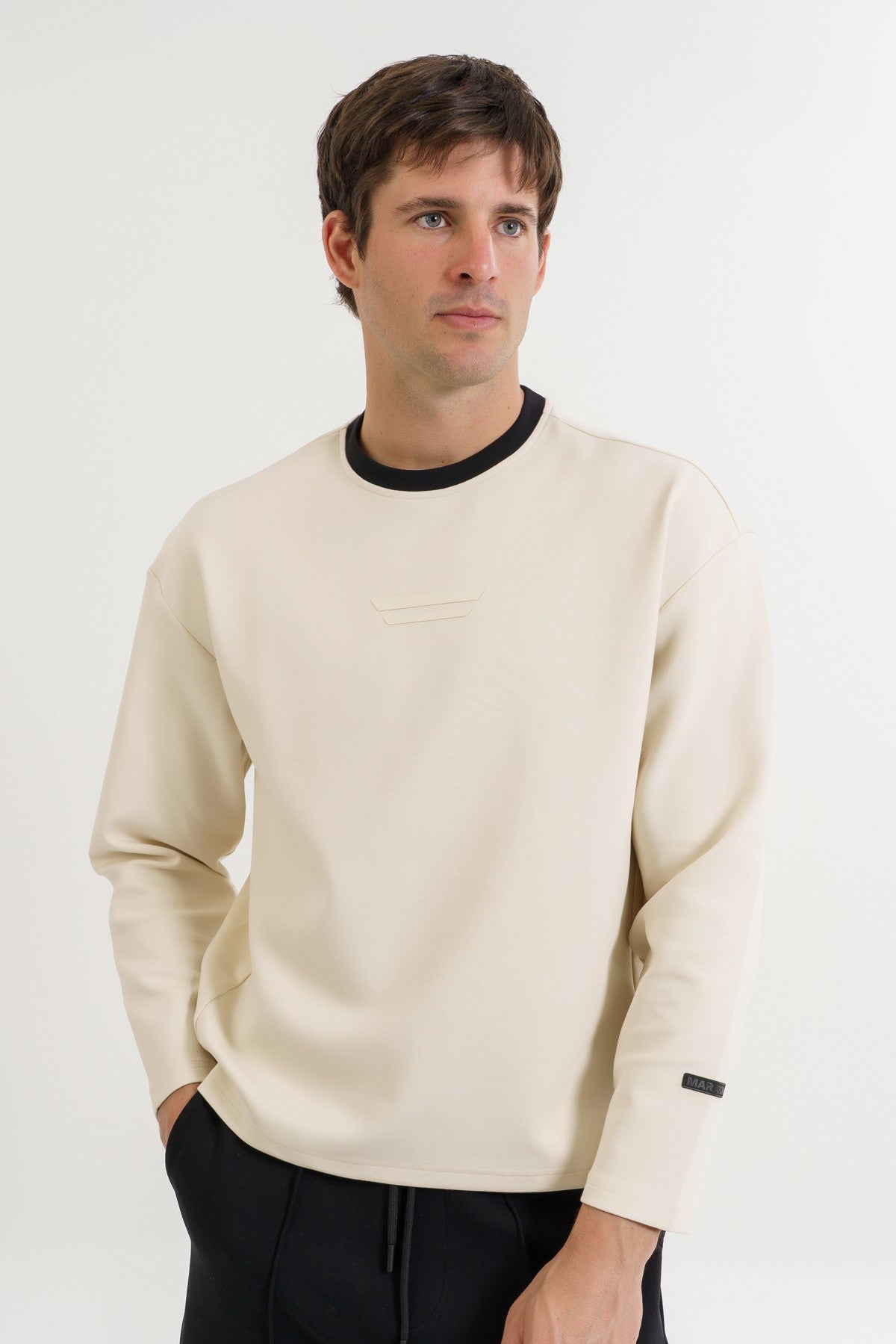 Relax-Fit Erkek Bisiklet Yaka Ekru Sweatshirt