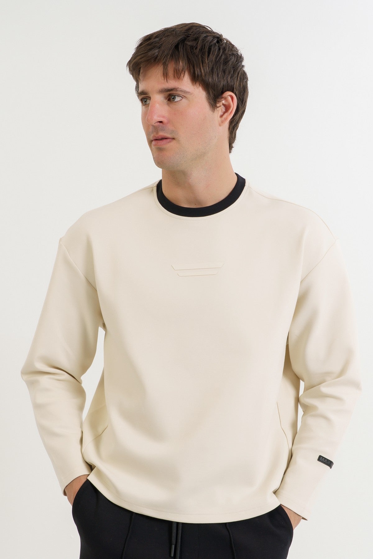 Relax-Fit Erkek Bisiklet Yaka Ekru Sweatshirt
